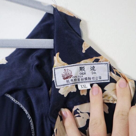 Shun Da Chinese 100% Silk Floral Printed Midi Dress Navy Blue Cream - Picture 12 of 12